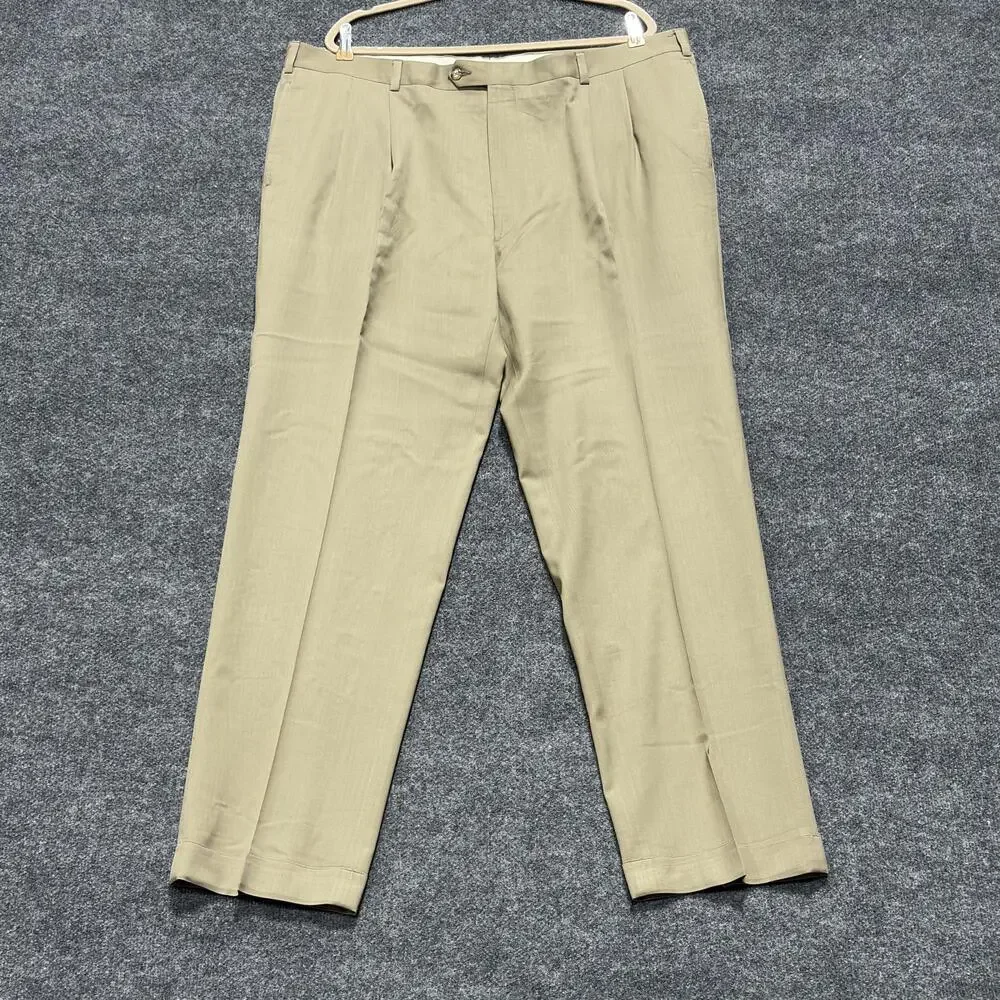 Jos A Bank Pants Mens 44L Brown Khaki 100% Wool Pleated Cuffed Dress Slacks